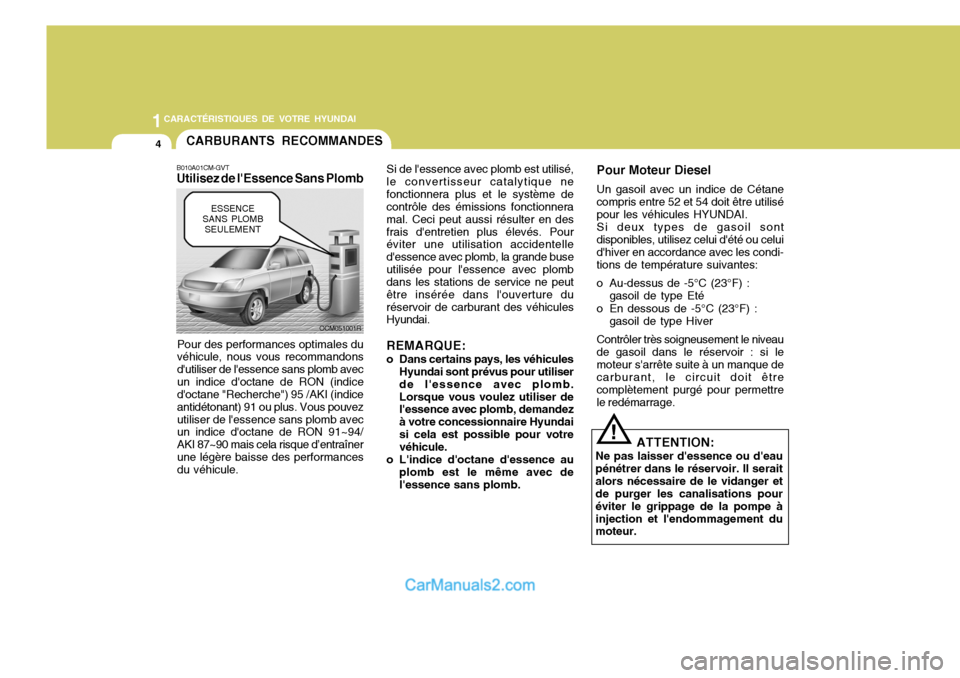 Hyundai Santa Fe 2007  Manuel du propriétaire (in French) 1CARACTÉRISTIQUES DE VOTRE HYUNDAI
4CARBURANTS RECOMMANDES
B010A01CM-GVT Utilisez de lEssence Sans Plomb
Pour des performances optimales duvéhicule, nous vous recommandons dutiliser de lessence s