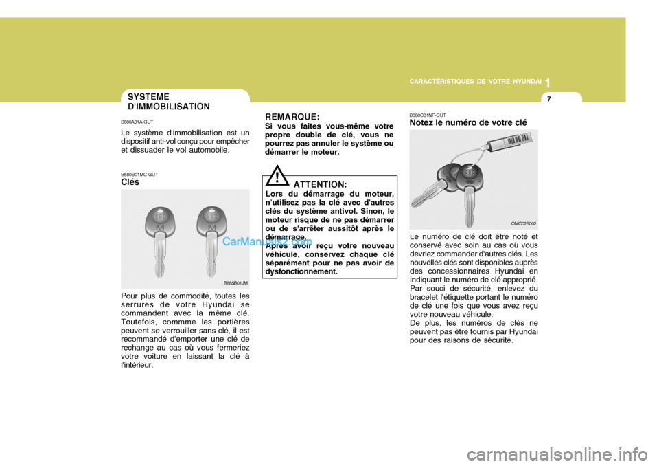 Hyundai Santa Fe 2007  Manuel du propriétaire (in French) 1
CARACTÉRISTIQUES DE VOTRE HYUNDAI
7SYSTEME DIMMOBILISATION
B880A01A-GUT Le système dimmobilisation est un dispositif anti-vol conçu pour empêcher et dissuader le vol automobile.
B885B01JM
B880