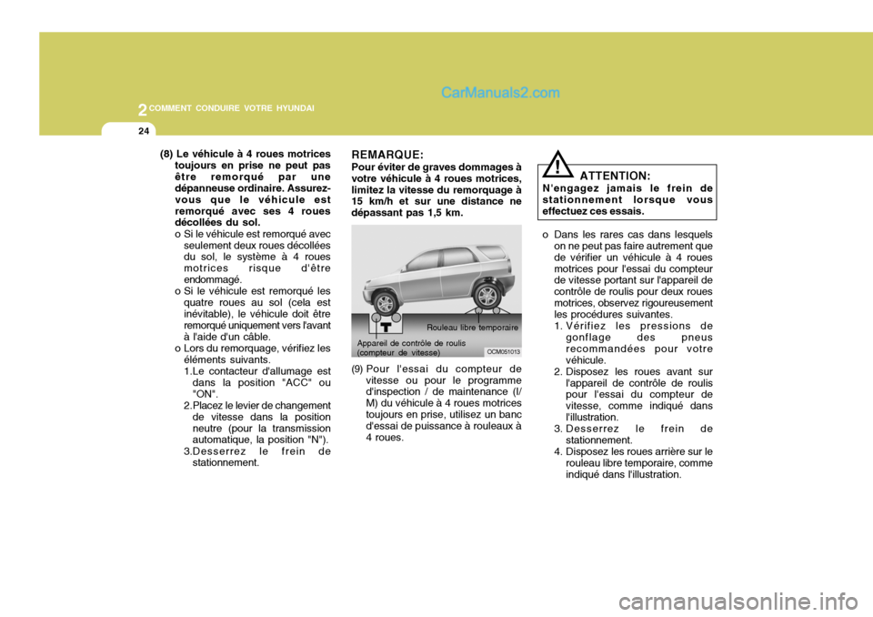 Hyundai Santa Fe 2007 Manuel du propriétaire (in French) 2COMMENT CONDUIRE VOTRE HYUNDAI
24
(8) Le véhicule à 4 roues motricestoujours en prise ne peut pas être remorqué par une dépanneuse ordinaire. Assurez- vous que le véhicule estremorqué avec ses Hyundai Santa Fe 2007 Manuel du propriétaire (in French) 2COMMENT CONDUIRE VOTRE HYUNDAI
24
(8) Le véhicule à 4 roues motricestoujours en prise ne peut pas être remorqué par une dépanneuse ordinaire. Assurez- vous que le véhicule estremorqué avec ses
