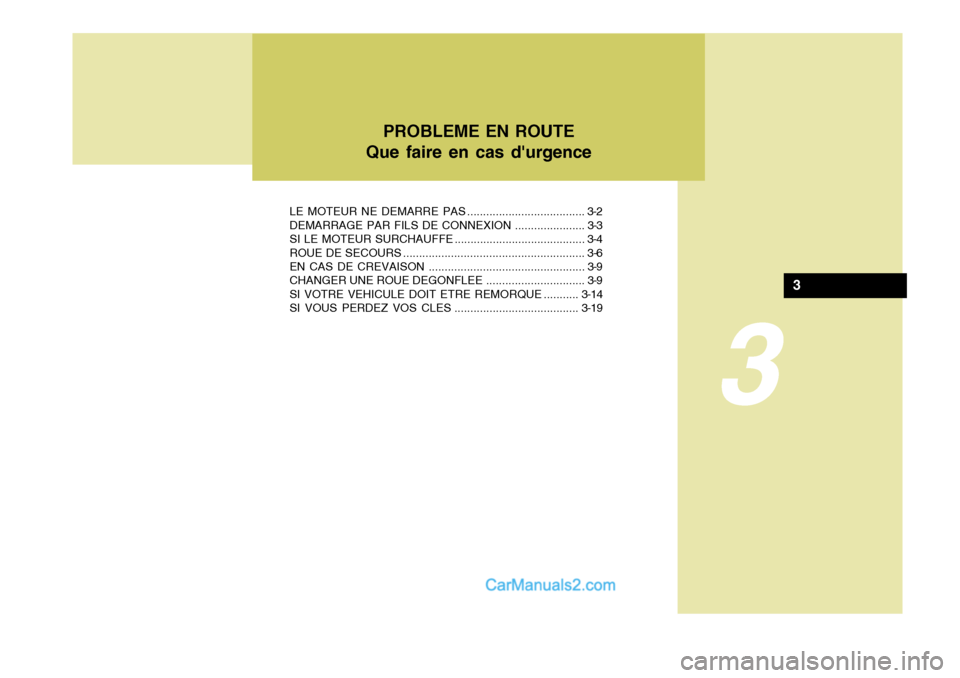Hyundai Santa Fe 2007  Manuel du propriétaire (in French) 3
PROBLEME EN ROUTE
Que faire en cas durgence
3
LE MOTEUR NE DEM ARRE PAS ..................................... 3-2
DEMARRAGE PAR FILS DE  CONNEXION ...................... 3-3
SI LE MOTEUR SURCHAUFFE