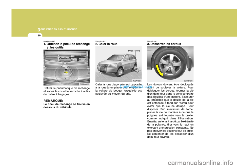 Hyundai Santa Fe 2007 Manuel du propriétaire (in French) 3QUE FAIRE EN CAS DURGENCE
10
D060B02O-AAT
1. Obtenez le pneu de rechange
et les outils
Retirez le pneumatique de rechange et sortez le cric et la sacoche à outils du coffre à bagages. REMARQUE: L Hyundai Santa Fe 2007 Manuel du propriétaire (in French) 3QUE FAIRE EN CAS DURGENCE
10
D060B02O-AAT
1. Obtenez le pneu de rechange
et les outils
Retirez le pneumatique de rechange et sortez le cric et la sacoche à outils du coffre à bagages. REMARQUE: L