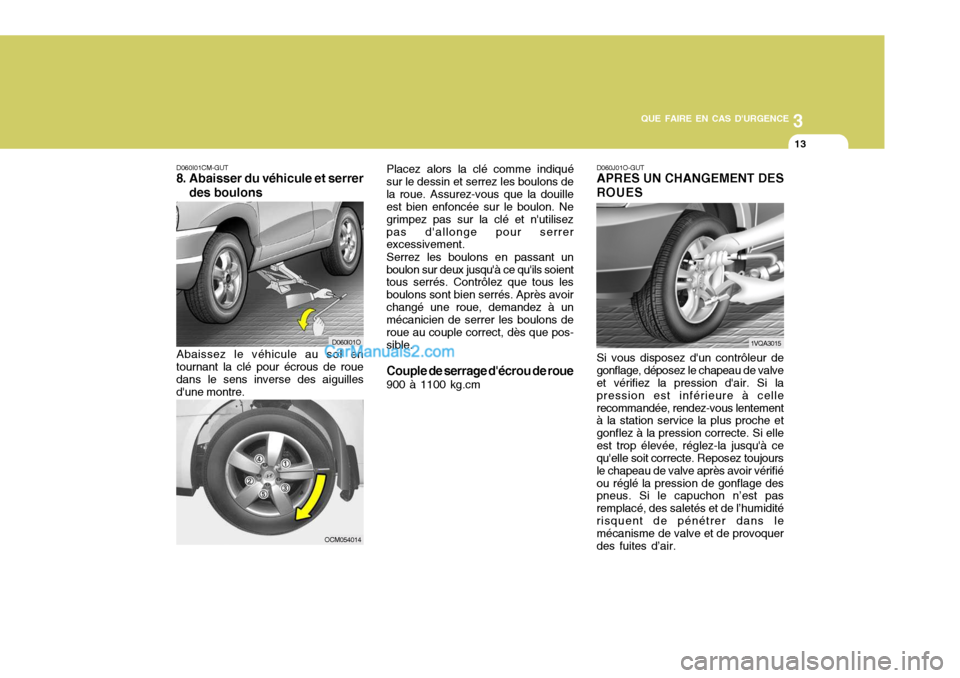 Hyundai Santa Fe 2007 Manuel du propriétaire (in French) 3
QUE FAIRE EN CAS DURGENCE
13
D060I01CM-GUT
8. Abaisser du véhicule et serrer
des boulons D060J01O-GUT APRES UN CHANGEMENT DES ROUES
Abaissez le véhicule au sol en
tournant la clé pour écrous de Hyundai Santa Fe 2007 Manuel du propriétaire (in French) 3
QUE FAIRE EN CAS DURGENCE
13
D060I01CM-GUT
8. Abaisser du véhicule et serrer
des boulons D060J01O-GUT APRES UN CHANGEMENT DES ROUES
Abaissez le véhicule au sol en
tournant la clé pour écrous de