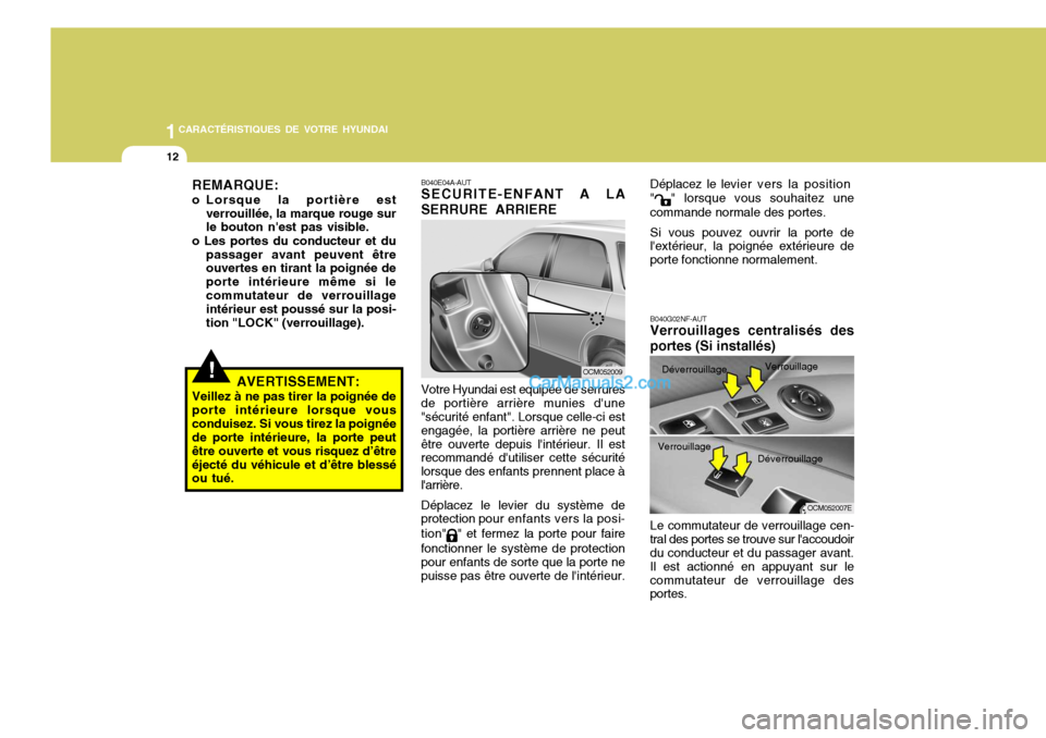 Hyundai Santa Fe 2007  Manuel du propriétaire (in French) 1CARACTÉRISTIQUES DE VOTRE HYUNDAI
12
Déplacez le levier vers la 
position
"
" lorsque vous souhaitez une
commande normale des portes. Si vous pouvez ouvrir la porte de lextérieur, la poignée ext