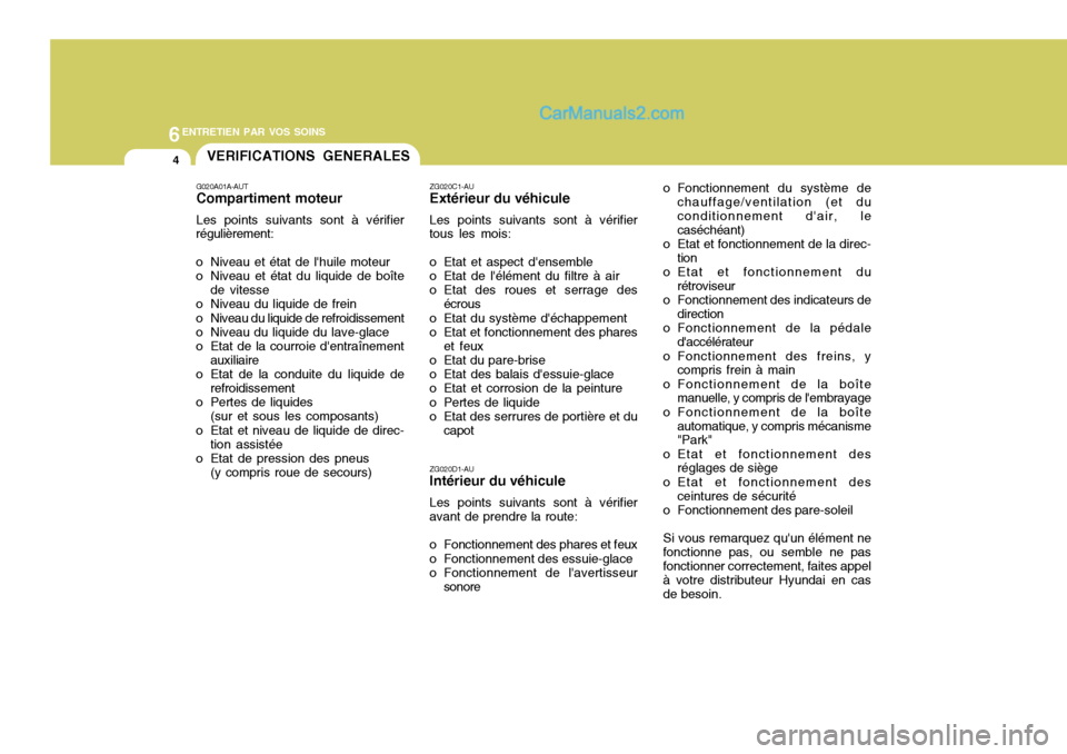 Hyundai Santa Fe 2007 Manuel du propriétaire (in French) 6ENTRETIEN PAR VOS SOINS
4VERIFICATIONS GENERALES
o Fonctionnement du système dechauffage/ventilation (et du conditionnement dair, le caséchéant)
o Etat et fonctionnement de la direc- tion
o Etat Hyundai Santa Fe 2007 Manuel du propriétaire (in French) 6ENTRETIEN PAR VOS SOINS
4VERIFICATIONS GENERALES
o Fonctionnement du système dechauffage/ventilation (et du conditionnement dair, le caséchéant)
o Etat et fonctionnement de la direc- tion
o Etat
