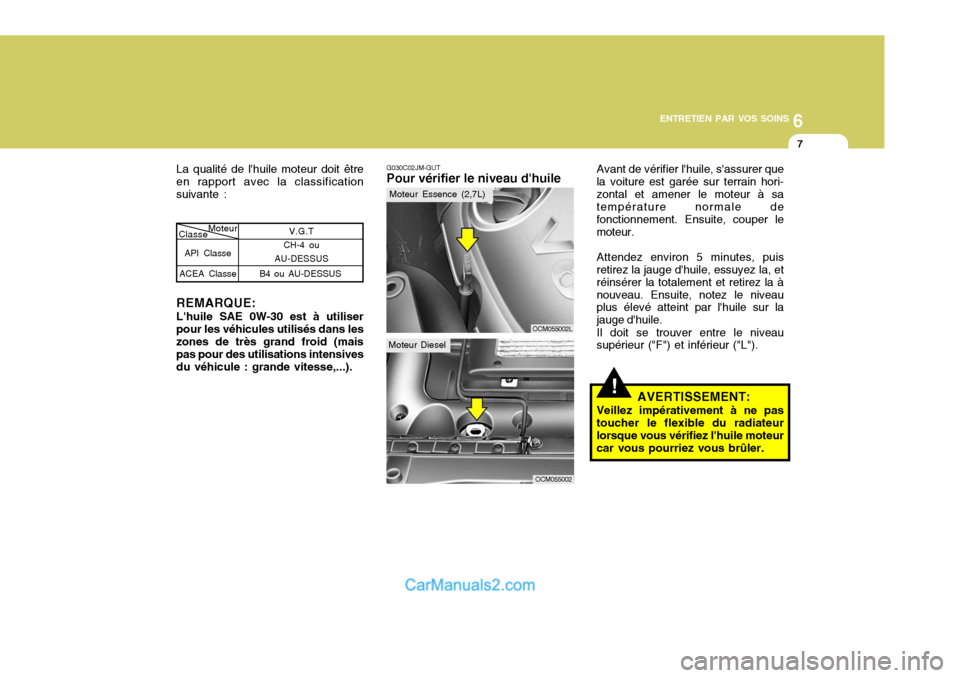 Hyundai Santa Fe 2007 Manuel du propriétaire (in French) 6
ENTRETIEN PAR VOS SOINS
7
G030C02JM-GUT Pour vérifier le niveau dhuile Avant de vérifier lhuile, sassurer que
la voiture est garée sur terrain hori- zontal et amener le moteur à sa températu Hyundai Santa Fe 2007 Manuel du propriétaire (in French) 6
ENTRETIEN PAR VOS SOINS
7
G030C02JM-GUT Pour vérifier le niveau dhuile Avant de vérifier lhuile, sassurer que
la voiture est garée sur terrain hori- zontal et amener le moteur à sa températu