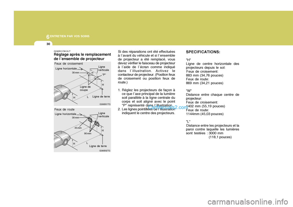 Hyundai Santa Fe 2007  Manuel du propriétaire (in French) 6ENTRETIEN PAR VOS SOINS
30
G290B01CM-GUT Réglage après le remplacement de l´ensemble de projecteur Si des réparations ont été effectuées
à l´avant du véhicule et si l´ensemble de projecteu