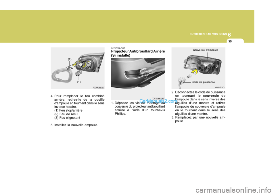 Hyundai Santa Fe 2007  Manuel du propriétaire (in French) 6
ENTRETIEN PAR VOS SOINS
35
2. Déconnectez le code de puissance en tournant le couvercle de lampoule dans le sens inverse desaiguilles dune montre et retirez lampoule du couvercle dampoule en le