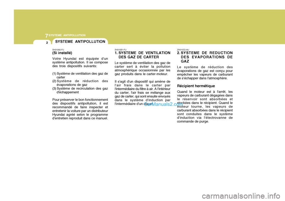 Hyundai Santa Fe 2007  Manuel du propriétaire (in French) 7SYSTEME ANTIPOLLUTION
2
SH010A2-FU (Si installé) Votre Hyundai est équipée dun système antipollution. Il se compose des trois dispositifs suivants: 
(1) Système de ventilation des gaz de
carter