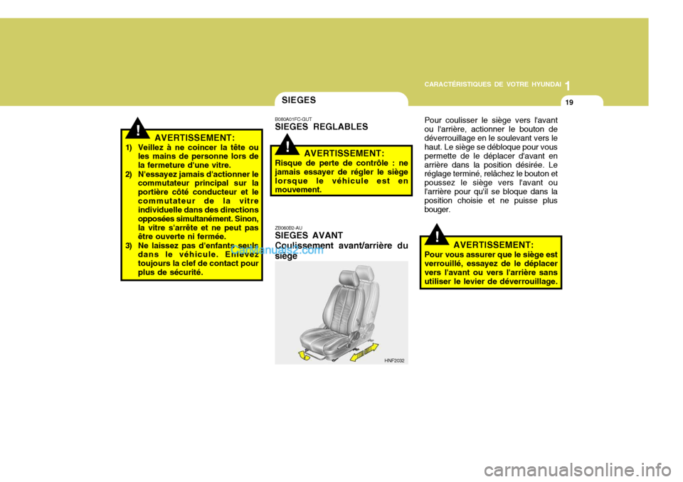Hyundai Santa Fe 2007  Manuel du propriétaire (in French) 1
CARACTÉRISTIQUES DE VOTRE HYUNDAI
19SIEGES
!AVERTISSEMENT:
1) Veillez à ne coincer la tête ou les mains de personne lors de la fermeture dune vitre.
2) Nessayez jamais dactionner le commutateu
