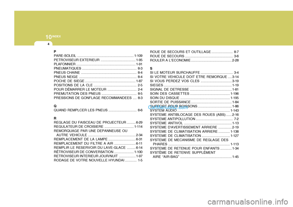 Hyundai Santa Fe 2007  Manuel du propriétaire (in French) 10INDEX
4
P PARE-SOLEIL .......................................................... 1-109
PETROVISEUR EXTERI EUR .................................... 1-95
PLAFONNIER ...................................