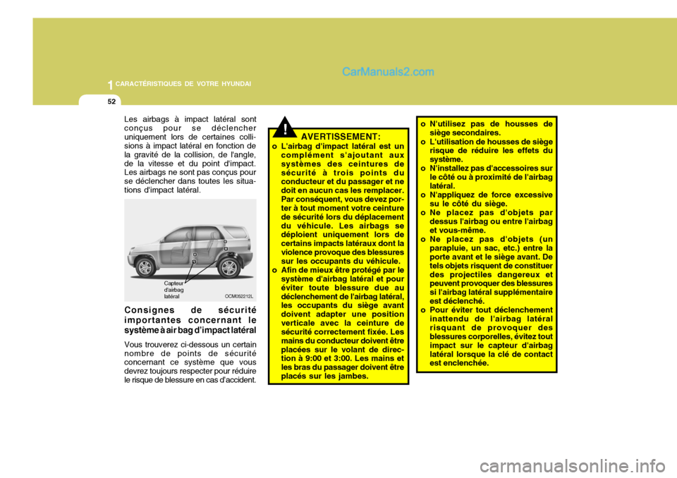 Hyundai Santa Fe 2007  Manuel du propriétaire (in French) 1CARACTÉRISTIQUES DE VOTRE HYUNDAI
52
Capteur dairbag latéral
OCM052212L
Consignes de sécurité importantes concernant le système à air bag d’impact latéral Vous trouverez ci-dessous un certa