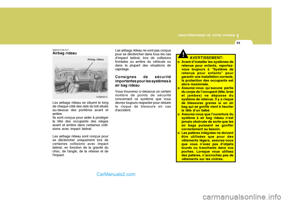Hyundai Santa Fe 2007  Manuel du propriétaire (in French) 1
CARACTÉRISTIQUES DE VOTRE HYUNDAI
53
Les airbags rideau ne sont pas conçus pour se déclencher dans tous les casdimpact latéral, lors de collisions frontales ou arrière du véhicule ou dans la 