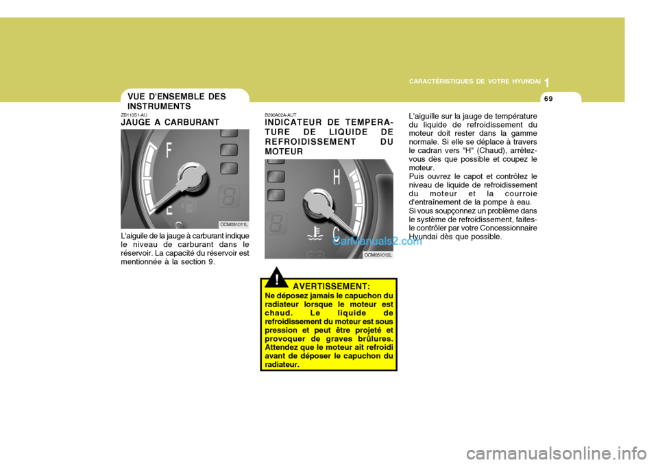 Hyundai Santa Fe 2007  Manuel du propriétaire (in French) 1
CARACTÉRISTIQUES DE VOTRE HYUNDAI
69VUE DENSEMBLE DES INSTRUMENTS
ZB110S1-AU JAUGE A CARBURANT
Laiguile de la jauge à carburant indique
le niveau de carburant dans le réservoir. La capacité du