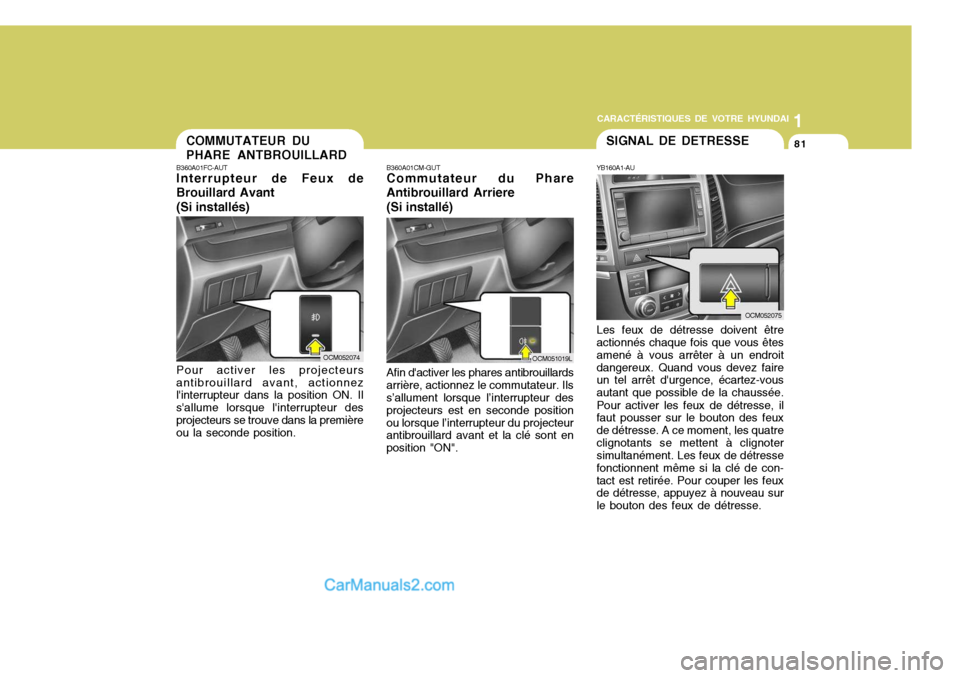 Hyundai Santa Fe 2007  Manuel du propriétaire (in French) 1
CARACTÉRISTIQUES DE VOTRE HYUNDAI
81
B360A01CM-GUT Commutateur du Phare
Antibrouillard Arriere
(Si installé) Afin dactiver les phares antibrouillards
arrière, actionnez le commutateur. Ils s’a