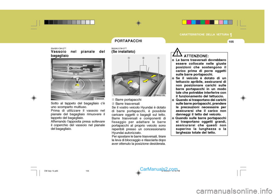 Hyundai Santa Fe 2007  Manuale del proprietario (in Italian) 1
CARATTERISTICHE DELLA VETTURA
105PORTAPACCHI
B630A01CM-GTT (Se installato)
OCM052135L
OCM054008
B545B01CM-GTT Vassoio nel pianale del
bagagliaio
Sotto al tappeto del bagagliaio cè uno scomparto mu