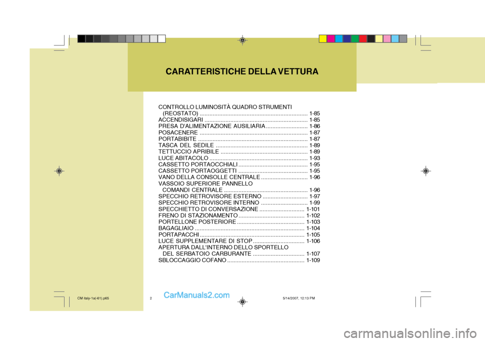 Hyundai Santa Fe 2007 Manuale del proprietario (in Italian) CARATTERISTICHE DELLA VETTURA
CONTROLLO LUMINOSITÀ QUADRO STRUMENTI
(REOSTATO) ................................................................... 1-85
ACCENDISIGARI .............................. Hyundai Santa Fe 2007 Manuale del proprietario (in Italian) CARATTERISTICHE DELLA VETTURA
CONTROLLO LUMINOSITÀ QUADRO STRUMENTI
(REOSTATO) ................................................................... 1-85
ACCENDISIGARI ..............................