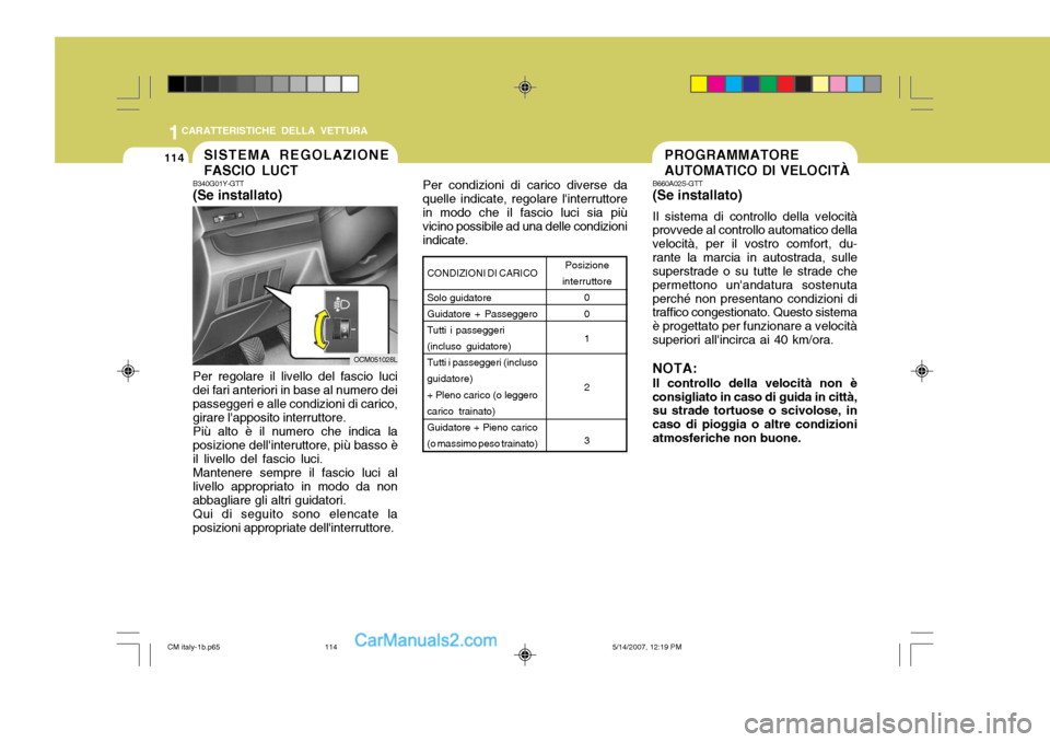 Hyundai Santa Fe 2007 Manuale del proprietario (in Italian) 1CARATTERISTICHE DELLA VETTURA
114SISTEMA REGOLAZIONE FASCIO LUCT
B340G01Y-GTT (Se installato)
OCM051028L
Per regolare il livello del fascio luci dei fari anteriori in base al numero deipasseggeri e a Hyundai Santa Fe 2007 Manuale del proprietario (in Italian) 1CARATTERISTICHE DELLA VETTURA
114SISTEMA REGOLAZIONE FASCIO LUCT
B340G01Y-GTT (Se installato)
OCM051028L
Per regolare il livello del fascio luci dei fari anteriori in base al numero deipasseggeri e a