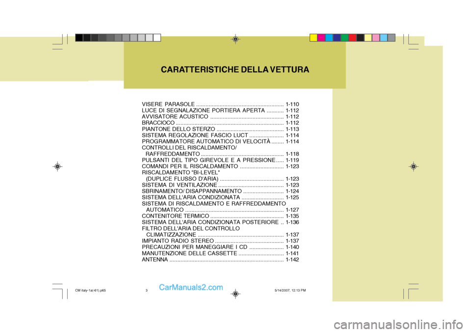 Hyundai Santa Fe 2007 Manuale del proprietario (in Italian) CARATTERISTICHE DELLA VETTURA
VISERE PARASOLE ........................................................ 1-110
LUCE DI SEGNALAZIONE PORTIERA APERTA ...........1-112
AVVISATORE ACUSTICO ................ Hyundai Santa Fe 2007 Manuale del proprietario (in Italian) CARATTERISTICHE DELLA VETTURA
VISERE PARASOLE ........................................................ 1-110
LUCE DI SEGNALAZIONE PORTIERA APERTA ...........1-112
AVVISATORE ACUSTICO ................
