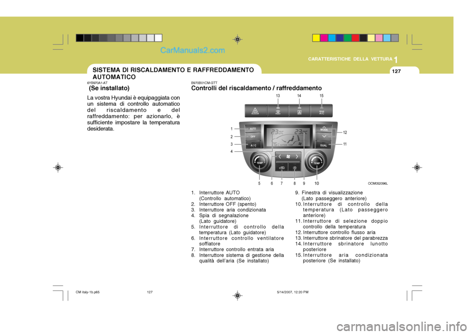Hyundai Santa Fe 2007 Manuale del proprietario (in Italian) 1
CARATTERISTICHE DELLA VETTURA
127SISTEMA DI RISCALDAMENTO E RAFFREDDAMENTO AUTOMATICO
6YB970A1-AT (Se installato) La vostra Hyundai è equipaggiata con un sistema di controllo automatico del riscal Hyundai Santa Fe 2007 Manuale del proprietario (in Italian) 1
CARATTERISTICHE DELLA VETTURA
127SISTEMA DI RISCALDAMENTO E RAFFREDDAMENTO AUTOMATICO
6YB970A1-AT (Se installato) La vostra Hyundai è equipaggiata con un sistema di controllo automatico del riscal