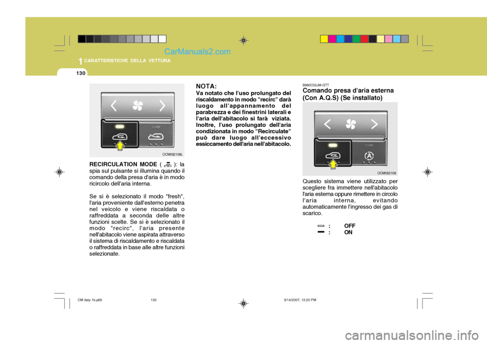 Hyundai Santa Fe 2007 Manuale del proprietario (in Italian) 1CARATTERISTICHE DELLA VETTURA
130
RECIRCULATION MODE (
): la
spia sul pulsante si illumina quando il comando della presa daria è in modo ricircolo dellaria interna. Se si è selezionato il modo Hyundai Santa Fe 2007 Manuale del proprietario (in Italian) 1CARATTERISTICHE DELLA VETTURA
130
RECIRCULATION MODE (
): la
spia sul pulsante si illumina quando il comando della presa daria è in modo ricircolo dellaria interna. Se si è selezionato il modo