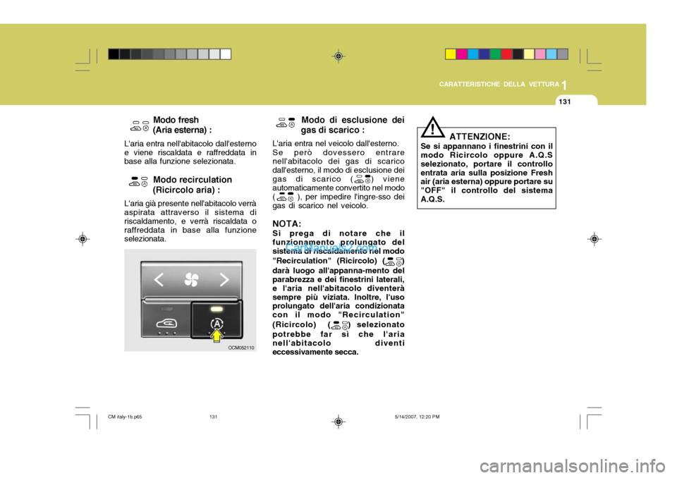 Hyundai Santa Fe 2007 Manuale del proprietario (in Italian) 1
CARATTERISTICHE DELLA VETTURA
131
Modo di esclusione dei
gas di scarico :
Laria entra nel veicolo dallesterno. Se però dovessero entrare
nellabitacolo dei gas di scarico dallesterno, il modo di Hyundai Santa Fe 2007 Manuale del proprietario (in Italian) 1
CARATTERISTICHE DELLA VETTURA
131
Modo di esclusione dei
gas di scarico :
Laria entra nel veicolo dallesterno. Se però dovessero entrare
nellabitacolo dei gas di scarico dallesterno, il modo di