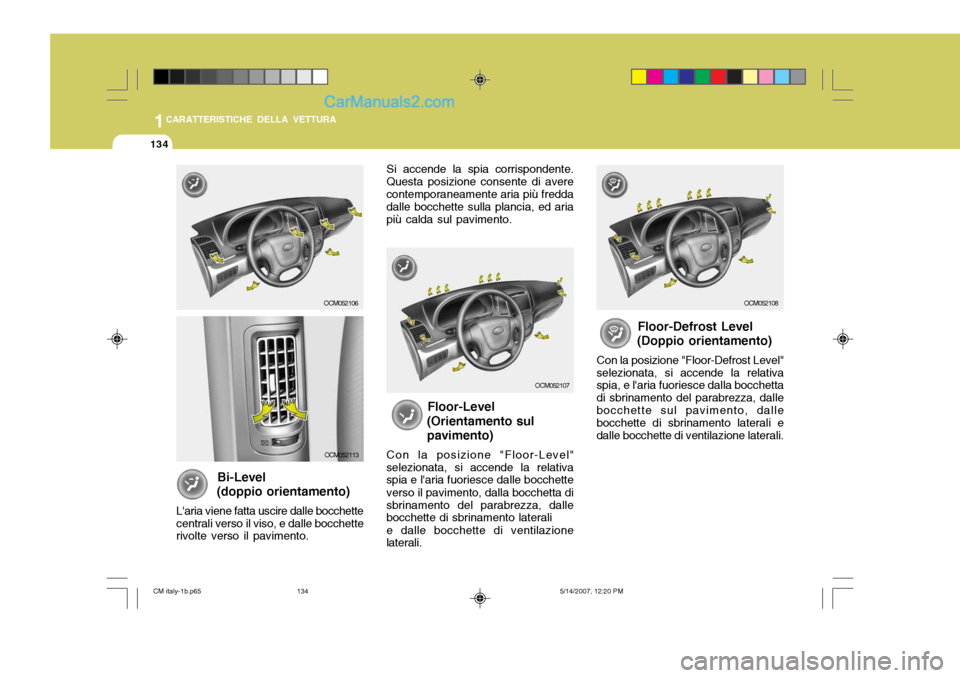 Hyundai Santa Fe 2007 Manuale del proprietario (in Italian) 1CARATTERISTICHE DELLA VETTURA
134
Si accende la spia corrispondente.
Questa posizione consente di avere contemporaneamente aria più fredda dalle bocchette sulla plancia, ed aria più calda sul pavim Hyundai Santa Fe 2007 Manuale del proprietario (in Italian) 1CARATTERISTICHE DELLA VETTURA
134
Si accende la spia corrispondente.
Questa posizione consente di avere contemporaneamente aria più fredda dalle bocchette sulla plancia, ed aria più calda sul pavim