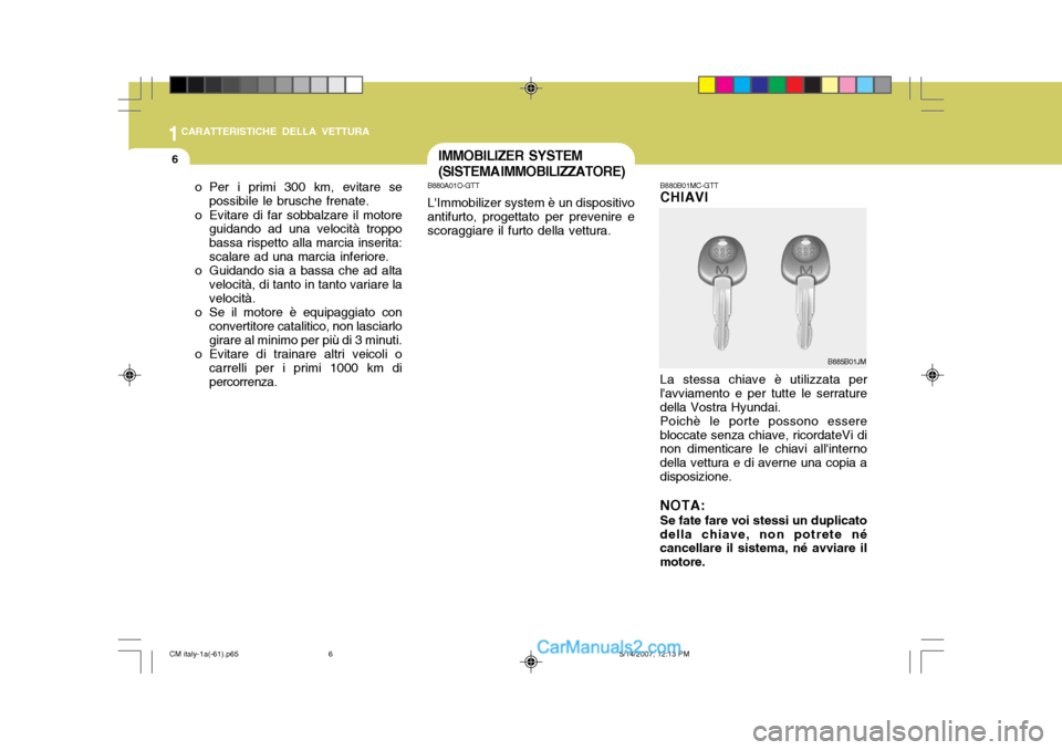 Hyundai Santa Fe 2007 Manuale del proprietario (in Italian) 1CARATTERISTICHE DELLA VETTURA
6IMMOBILIZER SYSTEM (SISTEMA IMMOBILIZZATORE)
o Per i primi 300 km, evitare se possibile le brusche frenate.
o Evitare di far sobbalzare il motore guidando ad una veloci Hyundai Santa Fe 2007 Manuale del proprietario (in Italian) 1CARATTERISTICHE DELLA VETTURA
6IMMOBILIZER SYSTEM (SISTEMA IMMOBILIZZATORE)
o Per i primi 300 km, evitare se possibile le brusche frenate.
o Evitare di far sobbalzare il motore guidando ad una veloci