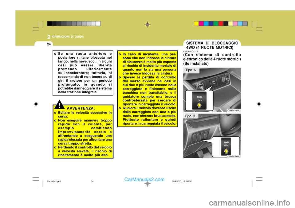 Hyundai Santa Fe 2007 Manuale del proprietario (in Italian) 2 OPERAZIONI DI GUIDA
24SISTEMA DI BLOCCAGGIO 4WD (4 RUOTE MOTRICI)
!
o Se una ruota anteriore o
posteriore rimane bloccata nel fango, nella neve, ecc., in alcunicasi può essere liberata premendo ult Hyundai Santa Fe 2007 Manuale del proprietario (in Italian) 2 OPERAZIONI DI GUIDA
24SISTEMA DI BLOCCAGGIO 4WD (4 RUOTE MOTRICI)
!
o Se una ruota anteriore o
posteriore rimane bloccata nel fango, nella neve, ecc., in alcunicasi può essere liberata premendo ult