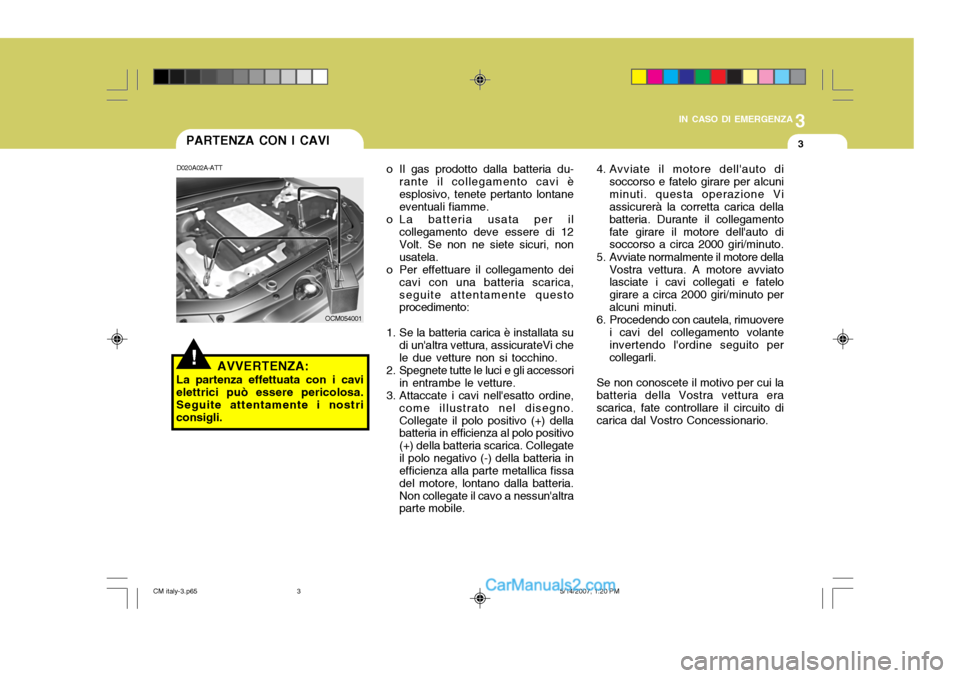 Hyundai Santa Fe 2007 Manuale del proprietario (in Italian) 3
IN CASO DI EMERGENZA
3
OCM054001
D020A02A-ATT
AVVERTENZA:
La partenza effettuata con i cavi elettrici può essere pericolosa.Seguite attentamente i nostri consigli. o Il gas prodotto dalla batteria Hyundai Santa Fe 2007 Manuale del proprietario (in Italian) 3
IN CASO DI EMERGENZA
3
OCM054001
D020A02A-ATT
AVVERTENZA:
La partenza effettuata con i cavi elettrici può essere pericolosa.Seguite attentamente i nostri consigli. o Il gas prodotto dalla batteria