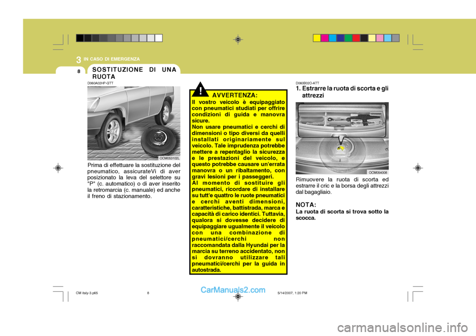 Hyundai Santa Fe 2007 Manuale del proprietario (in Italian) 3 IN CASO DI EMERGENZA
8
!
D060A02HP-GTT Prima di effettuare la sostituzione del
pneumatico, assicurateVi di aver posizionato la leva del selettore su "P" (c. automatico) o di aver inseritola retromar Hyundai Santa Fe 2007 Manuale del proprietario (in Italian) 3 IN CASO DI EMERGENZA
8
!
D060A02HP-GTT Prima di effettuare la sostituzione del
pneumatico, assicurateVi di aver posizionato la leva del selettore su "P" (c. automatico) o di aver inseritola retromar
