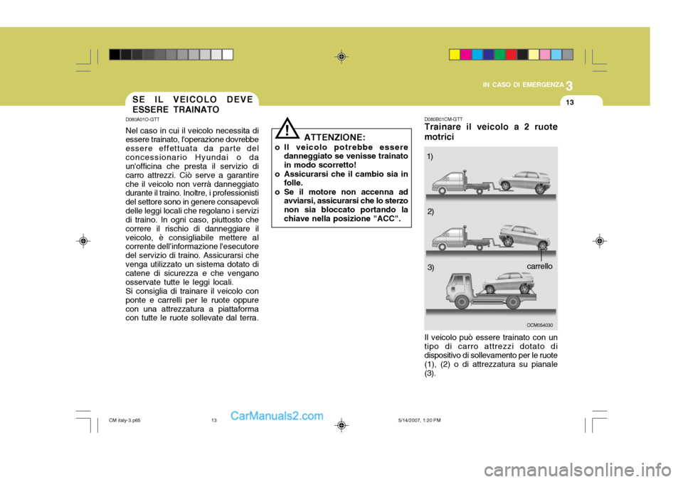 Hyundai Santa Fe 2007  Manuale del proprietario (in Italian) 3
IN CASO DI EMERGENZA
13
!
SE IL VEICOLO DEVE ESSERE TRAINATO
D080A01O-GTT Nel caso in cui il veicolo necessita di essere trainato, loperazione dovrebbe essere effettuata da parte delconcessionario 