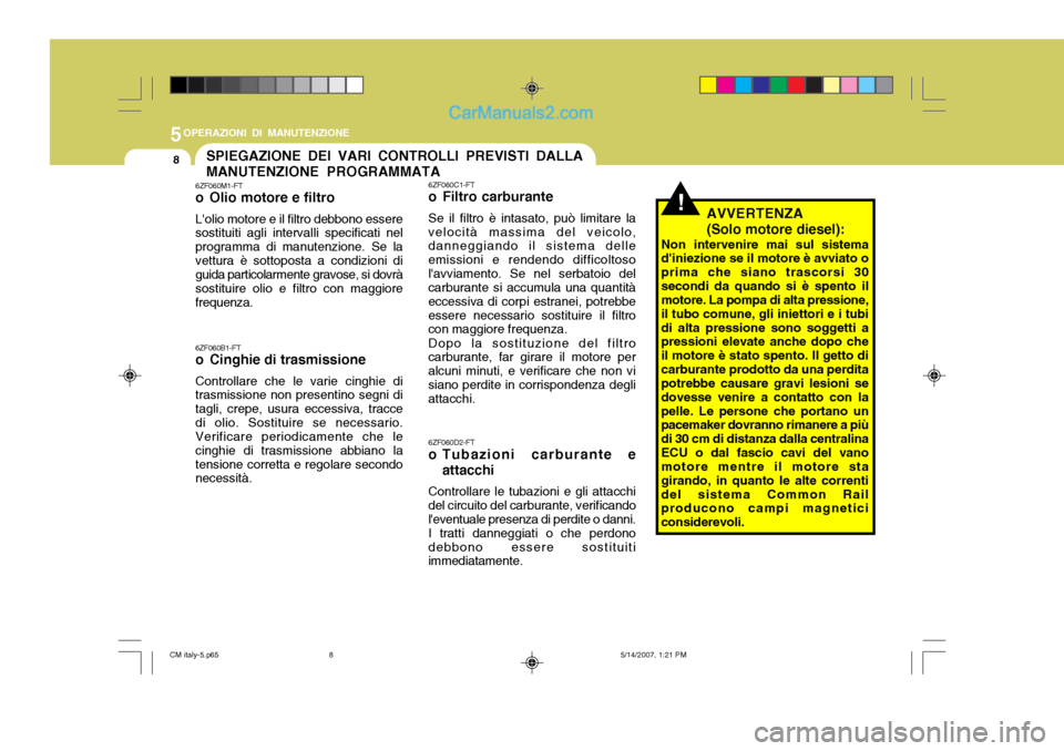 Hyundai Santa Fe 2007  Manuale del proprietario (in Italian) 5OPERAZIONI DI MANUTENZIONE
8SPIEGAZIONE DEI VARI CONTROLLI PREVISTI DALLA MANUTENZIONE PROGRAMMATA
!
6ZF060M1-FT 
o Olio motore e filtro Lolio motore e il filtro debbono essere sostituiti agli inter