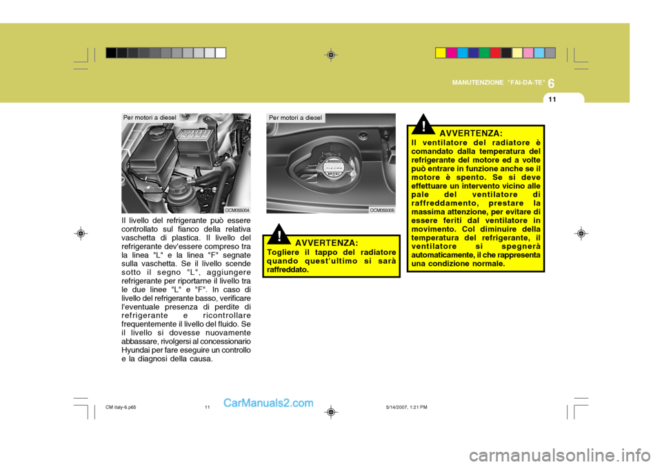 Hyundai Santa Fe 2007  Manuale del proprietario (in Italian) 6
MANUTENZIONE "FAI-DA-TE"
11
!AVVERTENZA:
Togliere il tappo del radiatore
quando questultimo si sarà raffreddato.
Il livello del refrigerante può essere controllato sul fianco della relativa vasch