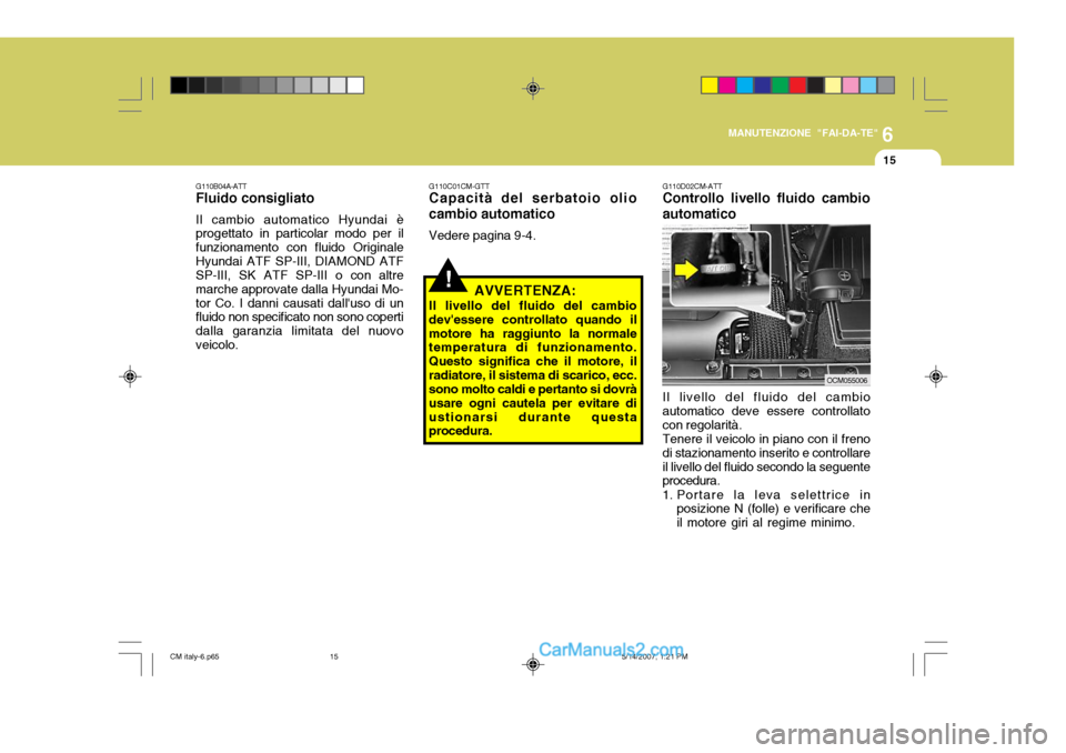 Hyundai Santa Fe 2007  Manuale del proprietario (in Italian) 6
MANUTENZIONE "FAI-DA-TE"
15
!
G110C01CM-GTT Capacità del serbatoio olio cambio automatico Vedere pagina 9-4.
AVVERTENZA:
Il livello del fluido del cambio devessere controllato quando ilmotore ha r