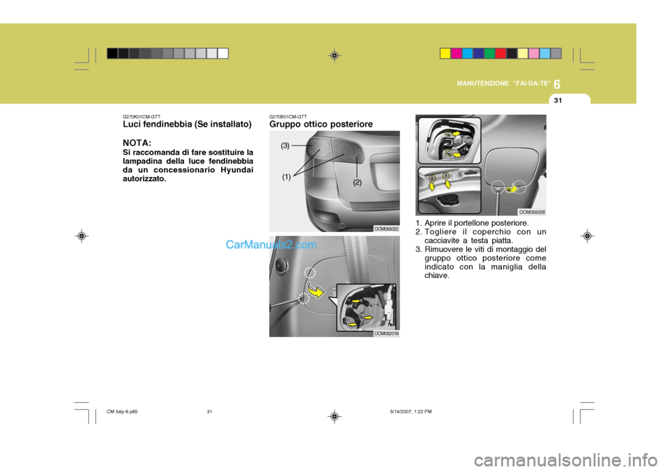 Hyundai Santa Fe 2007  Manuale del proprietario (in Italian) 6
MANUTENZIONE "FAI-DA-TE"
31
G270B01CM-GTT Gruppo ottico posteriore
OCM055022
(3)
(1) (2)
OCM0520161. Aprire il portellone posteriore. 
2. Togliere il coperchio con un
cacciavite a testa piatta.
3. R