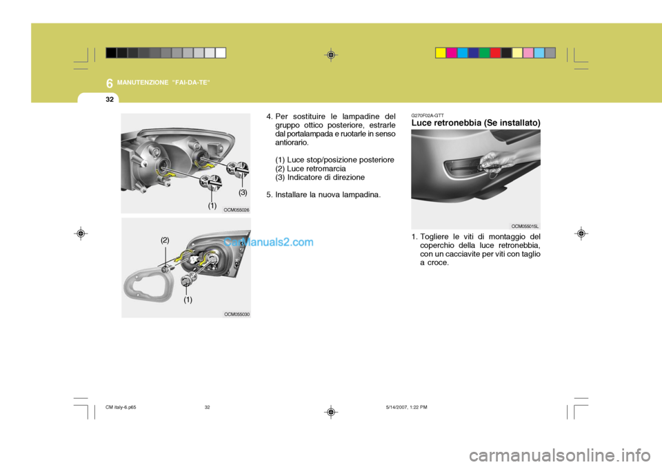Hyundai Santa Fe 2007  Manuale del proprietario (in Italian) 6
32
MANUTENZIONE "FAI-DA-TE"
1. Togliere le viti di montaggio delcoperchio della luce retronebbia, con un cacciavite per viti con taglio a croce.
G270F02A-GTTLuce retronebbia (Se installato)
OCM05501