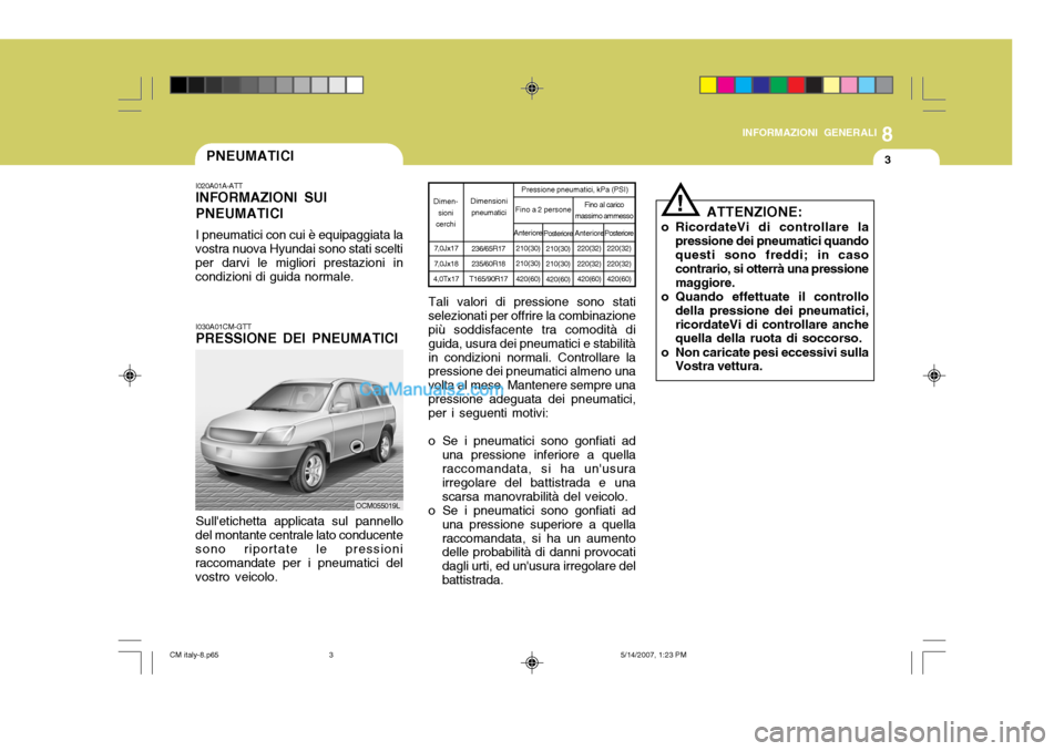 Hyundai Santa Fe 2007  Manuale del proprietario (in Italian) 8
INFORMAZIONI GENERALI
3PNEUMATICI
I030A01CM-GTT PRESSIONE DEI PNEUMATICI Sulletichetta applicata sul pannello
del montante centrale lato conducente sono riportate le pressioni raccomandate per i pn