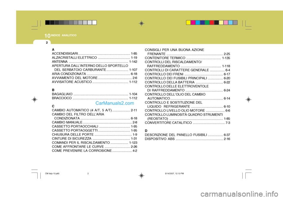 Hyundai Santa Fe 2007 Manuale del proprietario (in Italian) 10INDICE ANALITICO
2
A ACCENDISIGARI ....................................................... 1-85
ALZACRISTALLI ELETTRICO ..................................1-19
ANTENNA ............................... Hyundai Santa Fe 2007 Manuale del proprietario (in Italian) 10INDICE ANALITICO
2
A ACCENDISIGARI ....................................................... 1-85
ALZACRISTALLI ELETTRICO ..................................1-19
ANTENNA ...............................