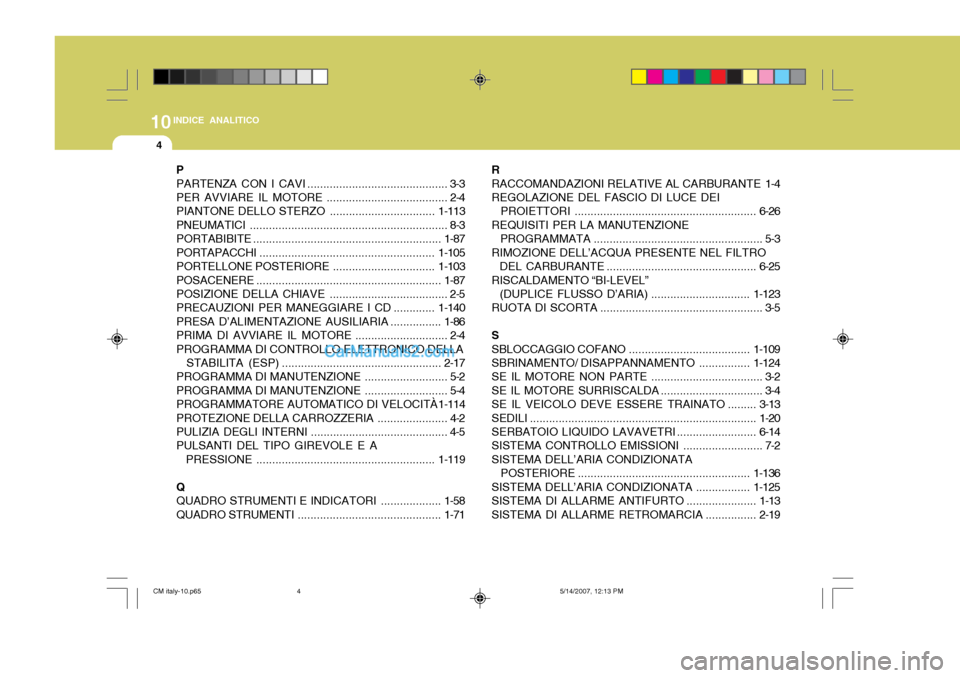 Hyundai Santa Fe 2007  Manuale del proprietario (in Italian) 10INDICE ANALITICO
4
P PARTENZA CON I  CAVI ............................................ 3-3
PER AVVIARE IL  MOTORE ...................................... 2-4
PIANTONE DELLO  STERZO ..................