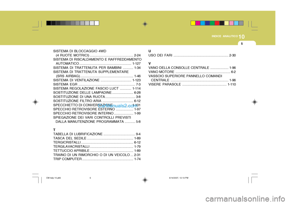 Hyundai Santa Fe 2007  Manuale del proprietario (in Italian) 10
INDICE ANALITICO
5
SISTEMA DI BLOCCAGGIO 4WD 
  (4 RUOTE MOTRICI) ............................................. 2-24
SISTEMA DI RISCALDAMENTO E RAFFREDDAMENTO 
  AUTOMATICO ........................