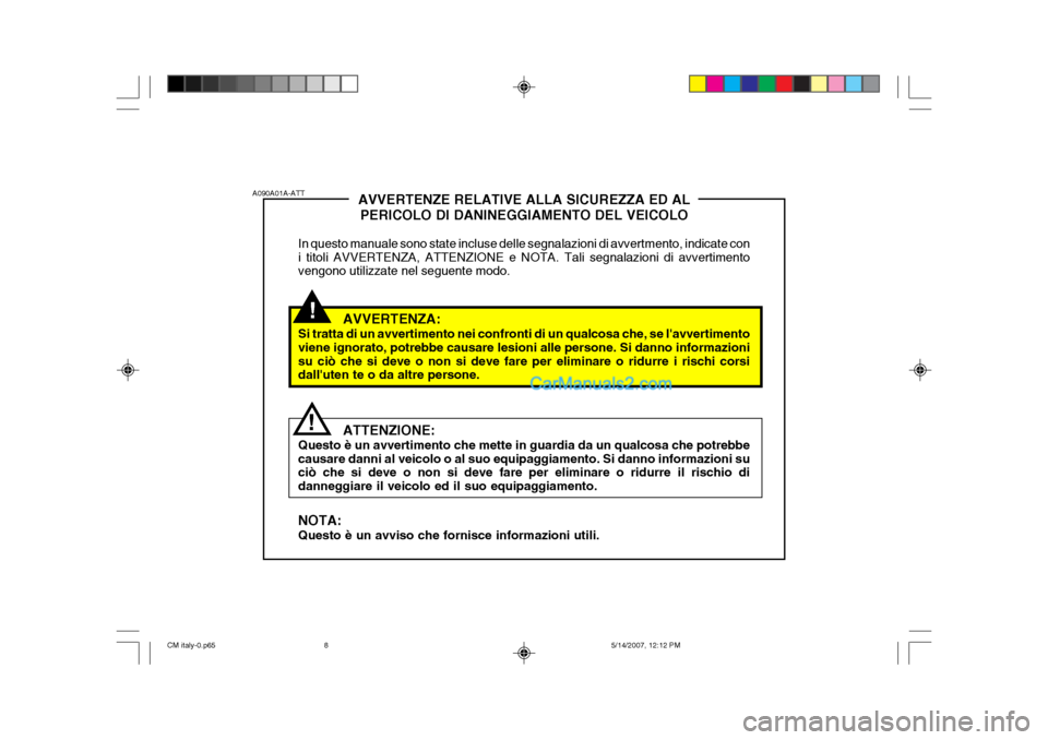 Hyundai Santa Fe 2007  Manuale del proprietario (in Italian) !
A090A01A-ATT
!AVVERTENZE RELATIVE ALLA SICUREZZA ED AL
PERICOLO DI DANINEGGIAMENTO DEL VEICOLO
In questo manuale sono state incluse delle segnalazioni di avvertmento, indicate con i titoli AVVERTENZ