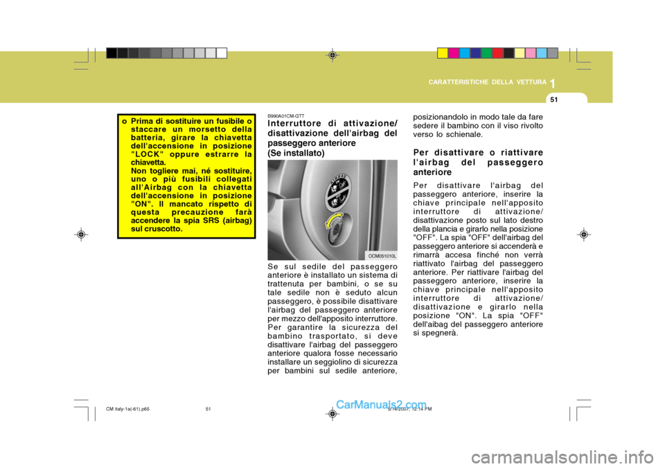 Hyundai Santa Fe 2007  Manuale del proprietario (in Italian) 1
CARATTERISTICHE DELLA VETTURA
51
B990A01CM-GTT Interruttore di attivazione/
disattivazione dellairbag del passeggero anteriore
(Se installato)
OCM051010L
Se sul sedile del passeggero
anteriore è i