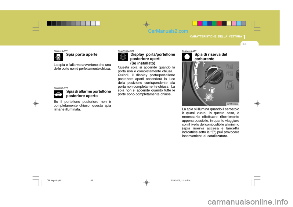 Hyundai Santa Fe 2007  Manuale del proprietario (in Italian) 1
CARATTERISTICHE DELLA VETTURA
65
B260M01A-ATT Spia di riserva del carburante
B260Z01CM-GTT
Display porta/portellone
posteriore aperti
(Se installato)
Questa spia si accende quando la
porta non è co
