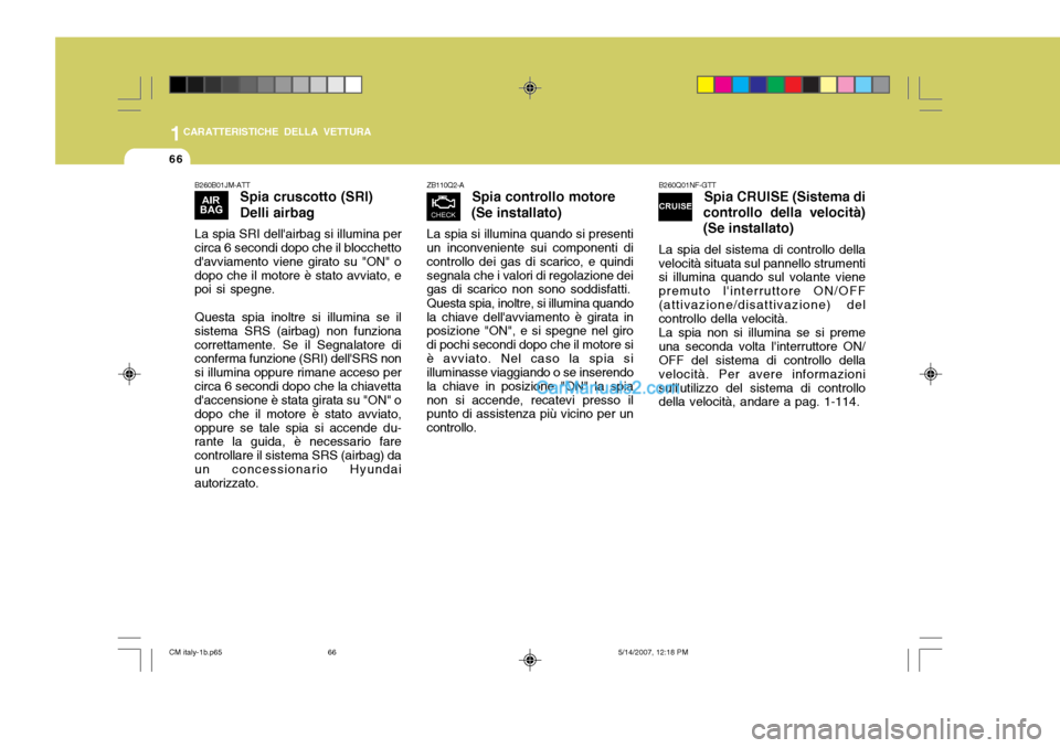 Hyundai Santa Fe 2007  Manuale del proprietario (in Italian) 1CARATTERISTICHE DELLA VETTURA
66
ZB110Q2-ASpia controllo motore
(Se installato)
La spia si illumina quando si presenti un inconveniente sui componenti di controllo dei gas di scarico, e quindisegnala
