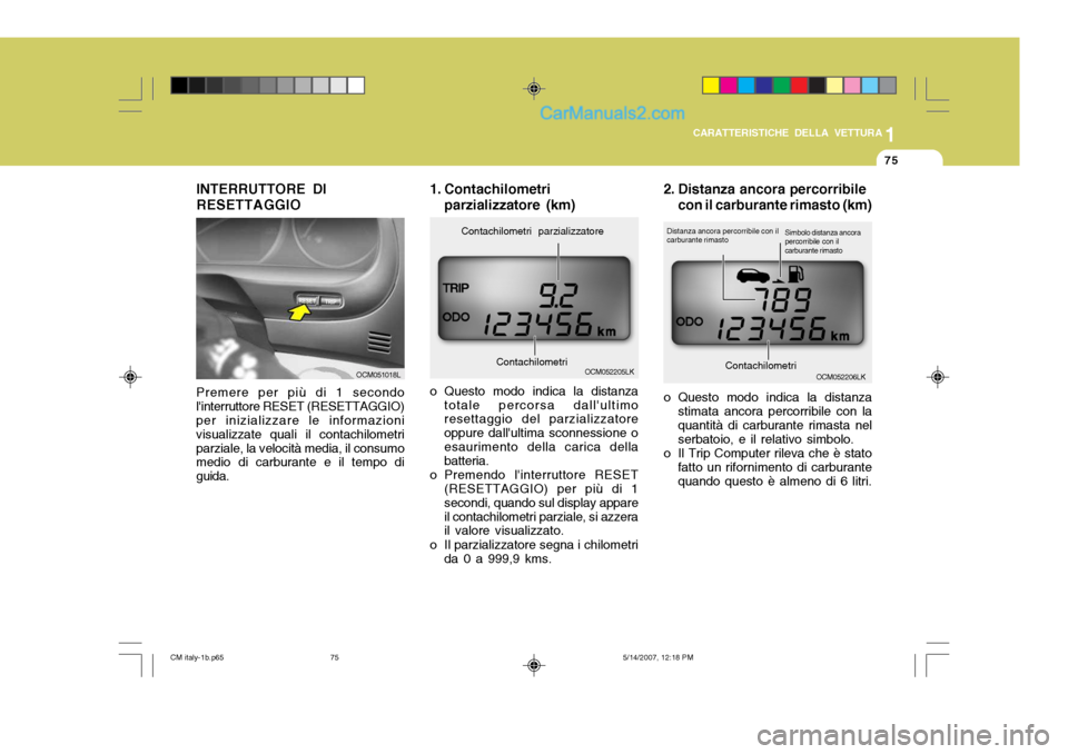 Hyundai Santa Fe 2007  Manuale del proprietario (in Italian) 1
CARATTERISTICHE DELLA VETTURA
75
Premere per più di 1 secondo linterruttore RESET (RESETTAGGIO) per inizializzare le informazioni visualizzate quali il contachilometriparziale, la velocità media,