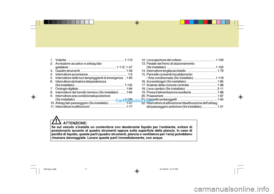 Hyundai Santa Fe 2007 Manuale del proprietario (in Italian) 1. Volante............................................................... 1-113
2. Avvisatore acustico e airbag lato guidatore ................................................... 1-112, 1-47
3. Quadro Hyundai Santa Fe 2007 Manuale del proprietario (in Italian) 1. Volante............................................................... 1-113
2. Avvisatore acustico e airbag lato guidatore ................................................... 1-112, 1-47
3. Quadro