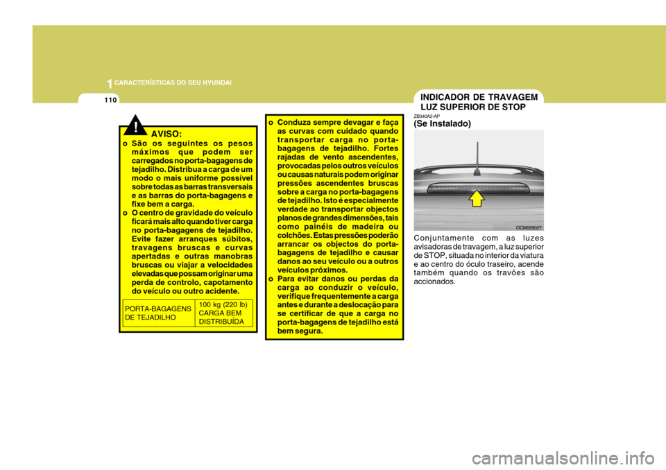 Hyundai Santa Fe 2007  Manual do proprietário (in Portuguese) 1CARACTERÍSTICAS DO SEU HYUNDAI
110
!AVISO:
o São os seguintes os pesos máximos que podem ser carregados no porta-bagagens detejadilho. Distribua a carga de um modo o mais uniforme possível sobre 