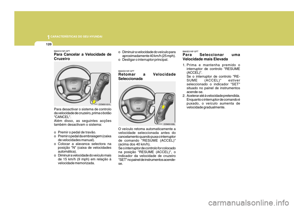 Hyundai Santa Fe 2007 Manual do proprietário (in Portuguese) 1CARACTERÍSTICAS DO SEU HYUNDAI
120
B660E01NF-GPT Para Seleccionar uma Velocidade mais Elevada
1. Prima e mantenha premido ointerruptor de controlo "RESUME (ACCEL)". Se o interruptor de controlo "RE Hyundai Santa Fe 2007 Manual do proprietário (in Portuguese) 1CARACTERÍSTICAS DO SEU HYUNDAI
120
B660E01NF-GPT Para Seleccionar uma Velocidade mais Elevada
1. Prima e mantenha premido ointerruptor de controlo "RESUME (ACCEL)". Se o interruptor de controlo "RE