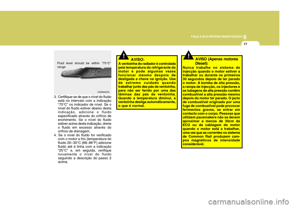 Hyundai Santa Fe 2007 Manual do proprietário (in Portuguese) 6
FAÇA A SUA PRÓPRIA MANUTENÇÃO
17
!!AVISO:
A ventoinha do radiador é controlada
pela temperatura do refrigerante do motor e pode algumas vezesfuncionar mesmo despois de desligada a chave na igni Hyundai Santa Fe 2007 Manual do proprietário (in Portuguese) 6
FAÇA A SUA PRÓPRIA MANUTENÇÃO
17
!!AVISO:
A ventoinha do radiador é controlada
pela temperatura do refrigerante do motor e pode algumas vezesfuncionar mesmo despois de desligada a chave na igni