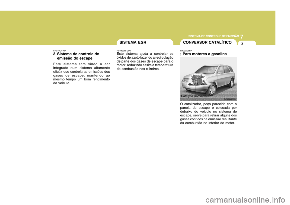 Hyundai Santa Fe 2007 Manual do proprietário (in Portuguese) 7
SISTEMA DE CONTROLE DE EMISSÃO
3CONVERSOR CATALÍTICO
SH010D1-AP
3. Sistema de controle de
emissão do escape
Este sistema tem vindo a ser integrado num sistema altamente eficáz que controla as em Hyundai Santa Fe 2007 Manual do proprietário (in Portuguese) 7
SISTEMA DE CONTROLE DE EMISSÃO
3CONVERSOR CATALÍTICO
SH010D1-AP
3. Sistema de controle de
emissão do escape
Este sistema tem vindo a ser integrado num sistema altamente eficáz que controla as em
